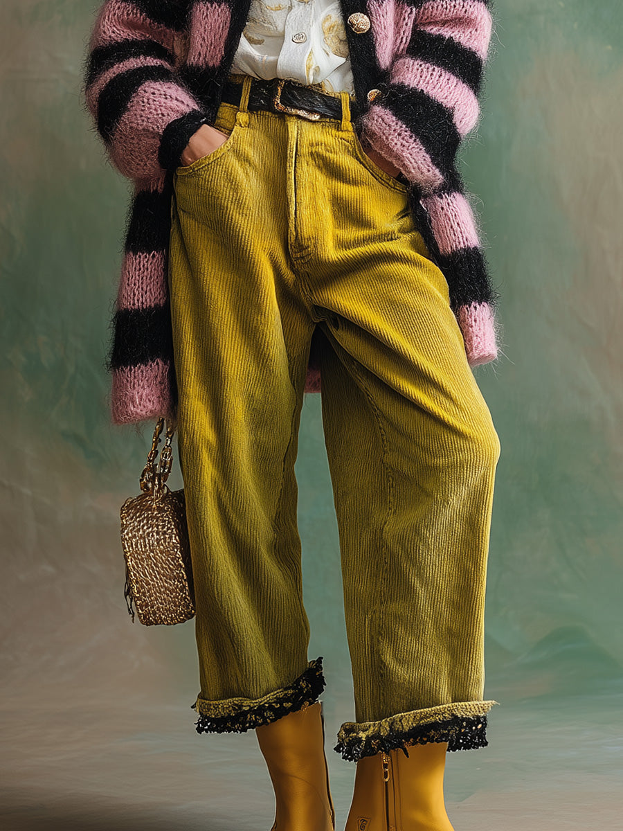 Vintage Fashion Lace Trim Distressed Tie-dye Yellow Corduroy Straight-leg Pants