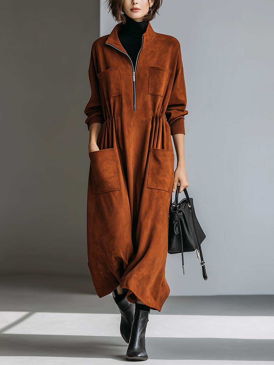 Vintage Simple Casual Outdoor Lapel Front Zipper Brown Suede Maxi Dress