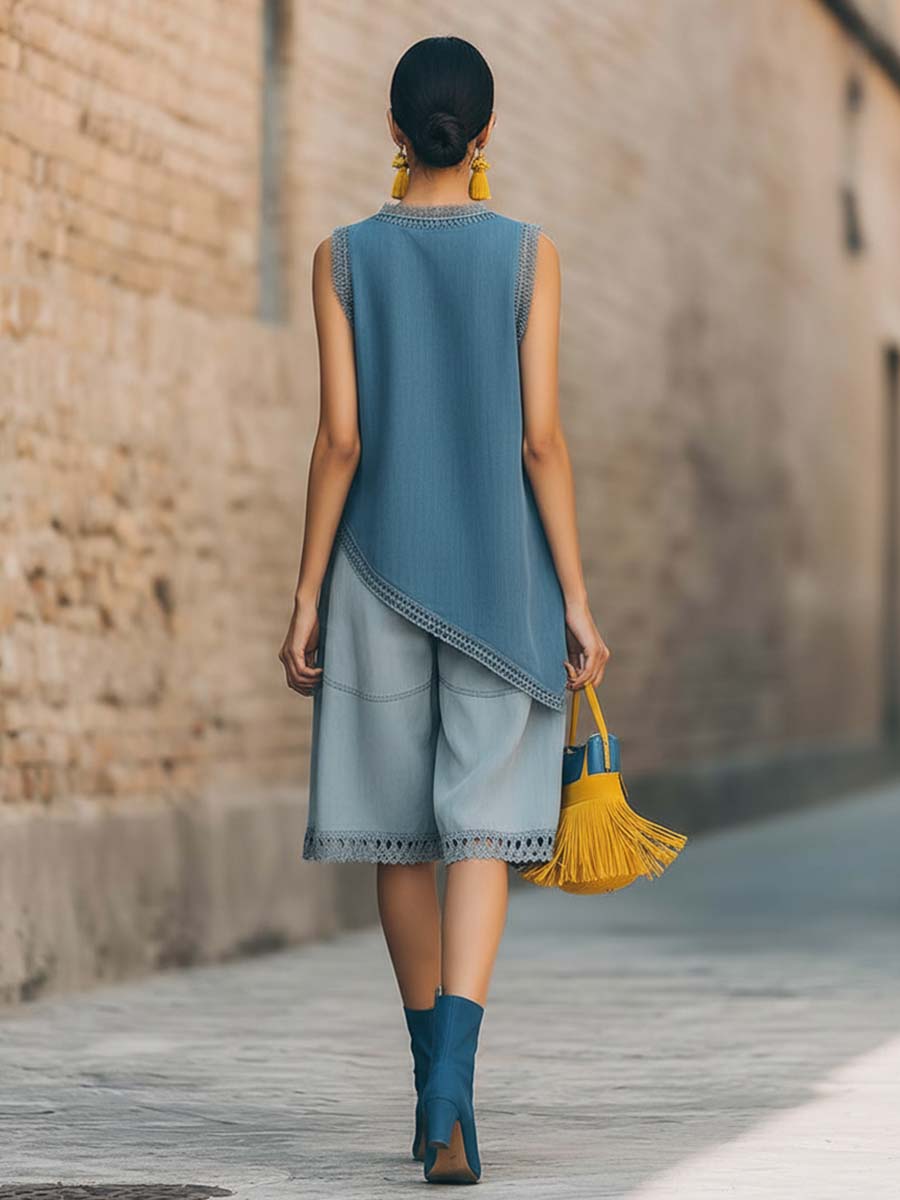 Casual Urban Style Lace-trimmed V-neck Asymmetrical Blue Denim Top And Shorts Set