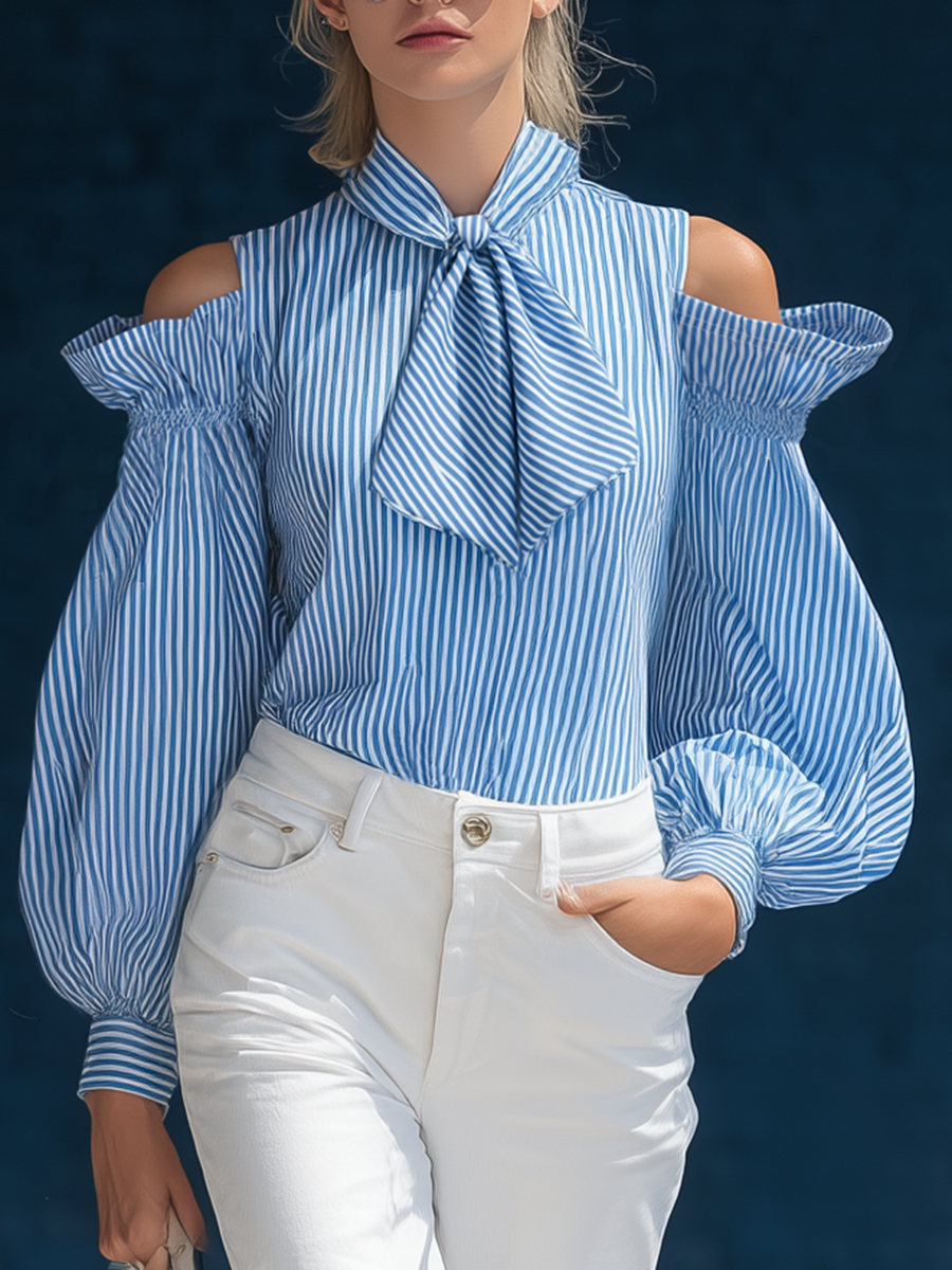 Stylish Simple Loose-fitting Off-shoulder Long-sleeved Tie-neck Blue And White Striped Cotton Blouses