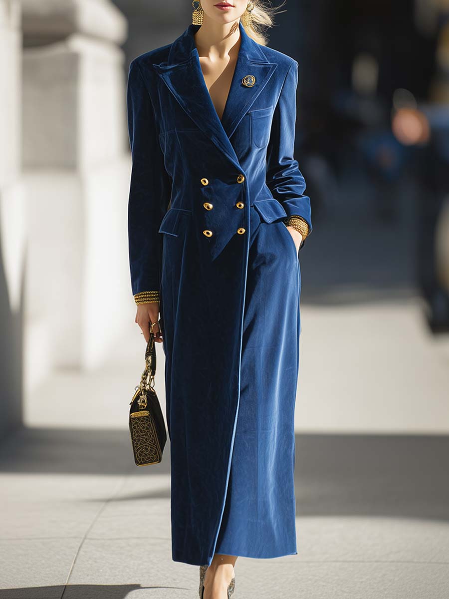 Vintage Handsome Peaked Lapel Front Double-breasted Royal Blue Velvet Trench Coat Maxi Dress