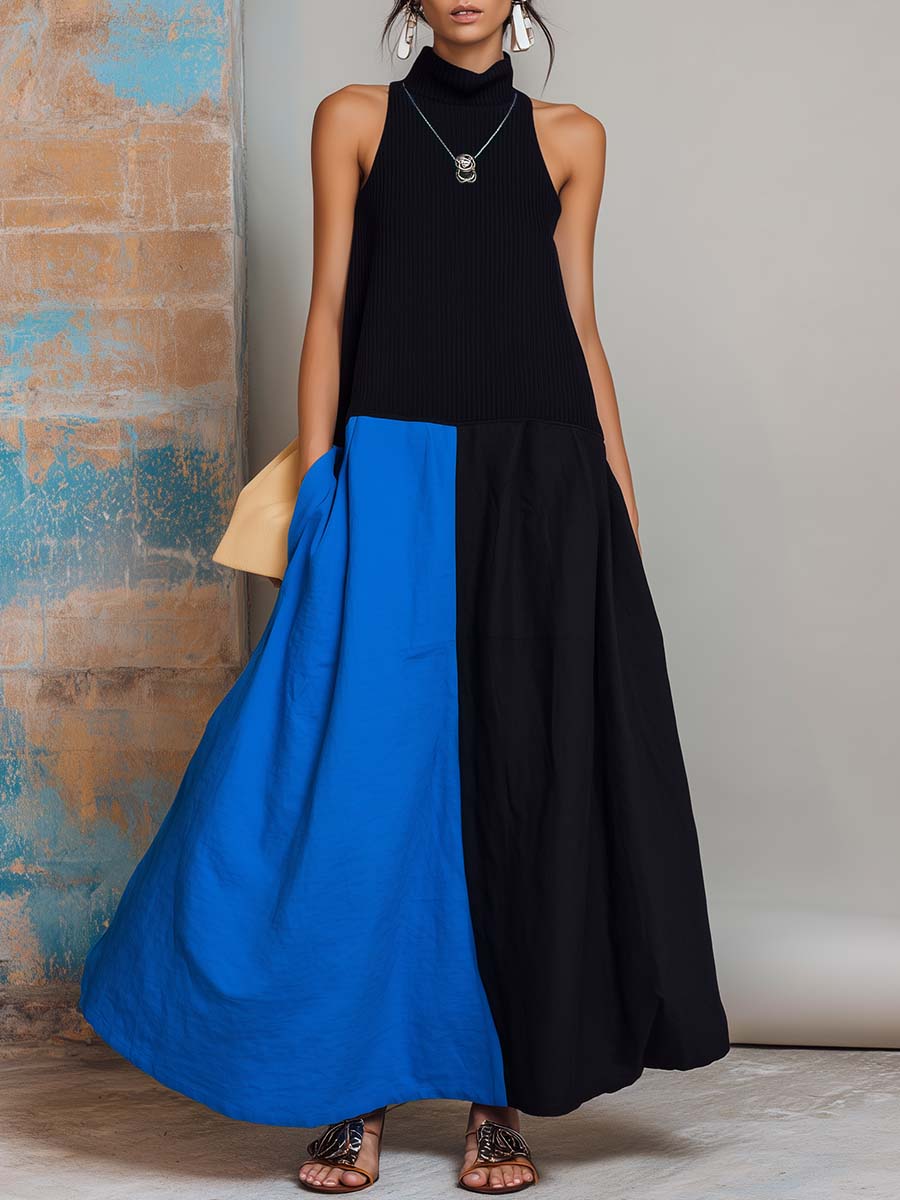 Elegant Urban Sleeveless Blue And Black Color-blocked Cotton And Knit Patchwork Maxi Dress