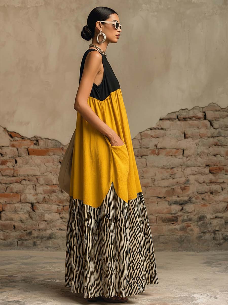 Retro Urban Round Neck Sleeveless Yellow And Black Color-blocked Cotton Chiffon Hem Maxi Dress