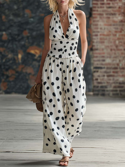 Retro-chic Polka Dot Print White Chiffon V-neck Top And Trousers Set