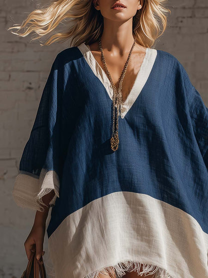 Loose-fitting Bohemian V-neck Frayed Dark Blue And White Color-blocked Cotton And Linen Mini Dress
