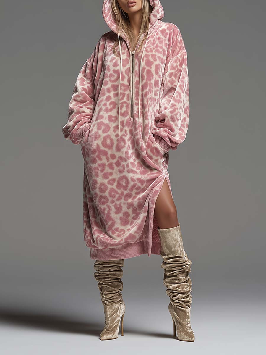 Retro Urban Casual Style Pink Leopard Velvet Maxi Dress