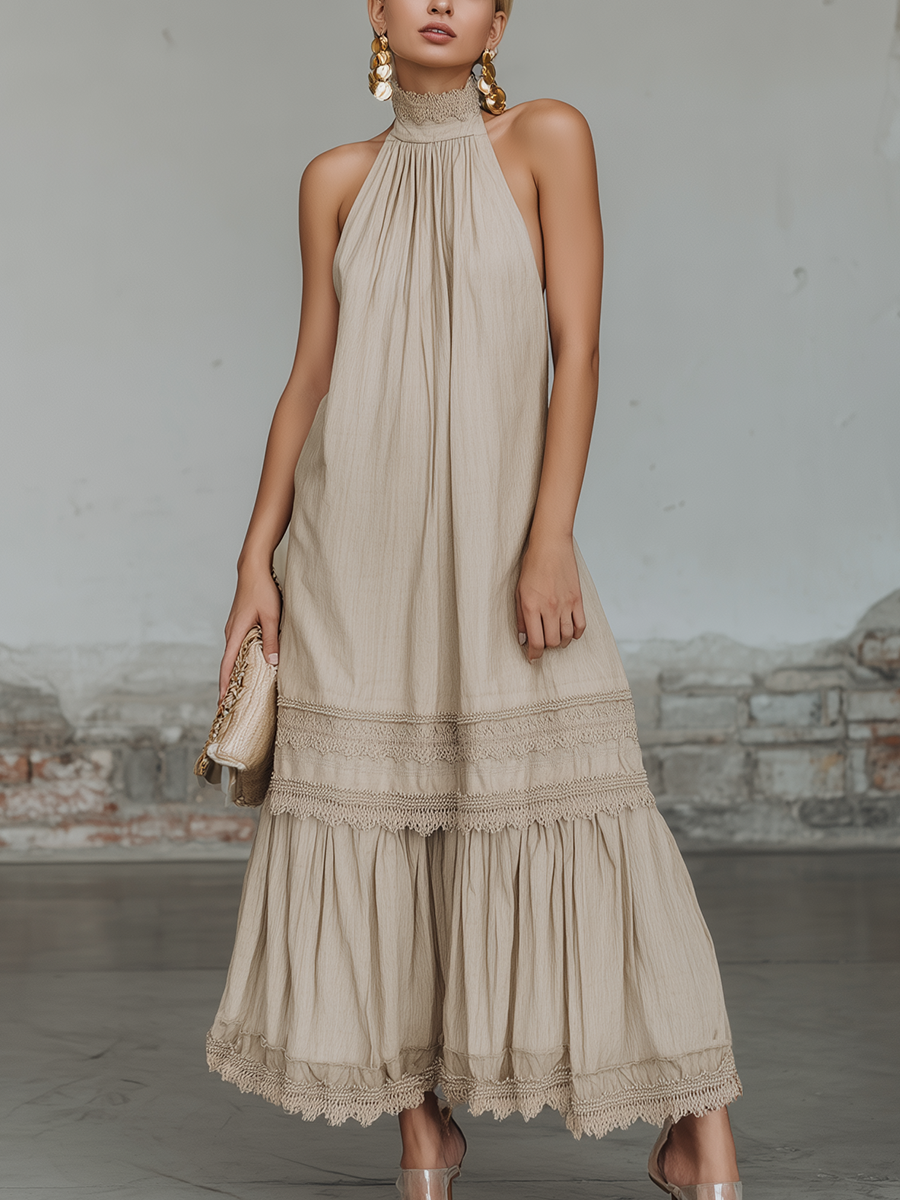 Casual And Fashionable Beige Blended Fabric Halter Neck Top With Ruffles Midi Dress