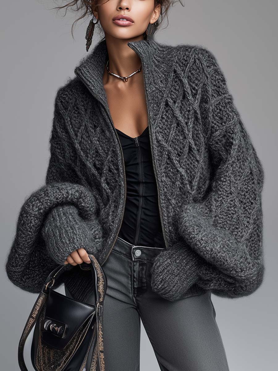 Fashionable And Versatile Stand-up Collar Front Zipper Dark Gray Diamond Check Textured Knitted Cardigan