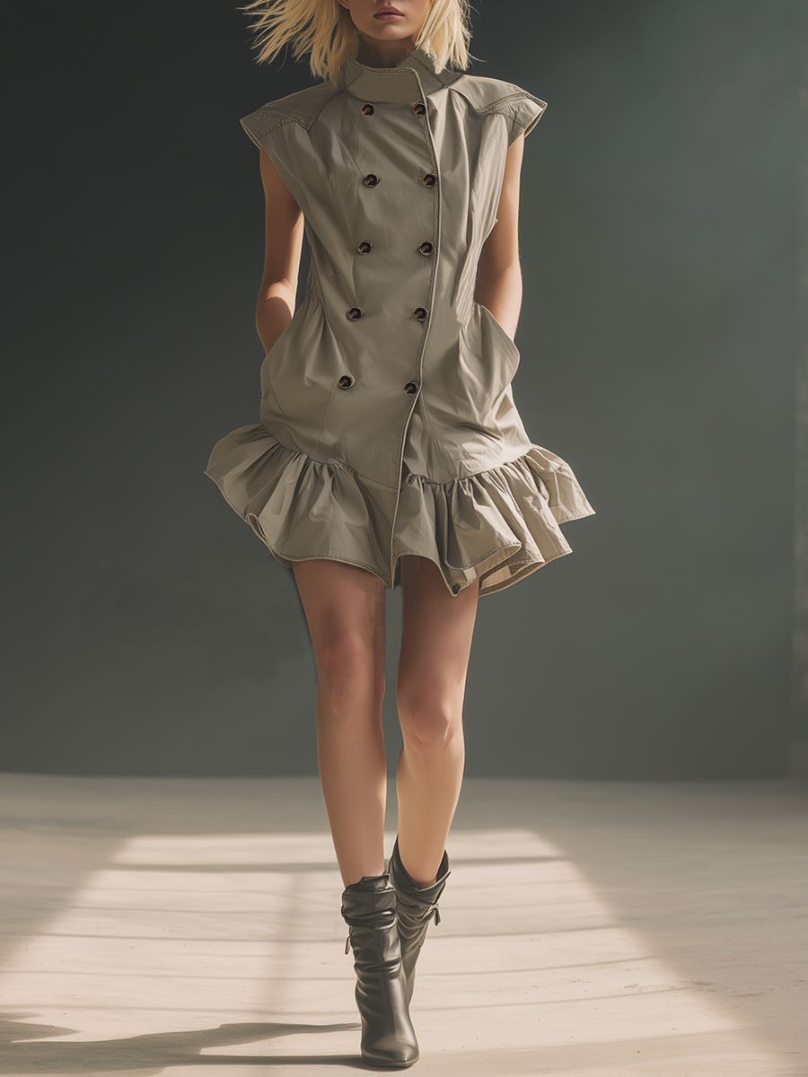 Stylish Simple Sleeveless High-neck Double-breasted Ruffled Hem Gray Mini Dress