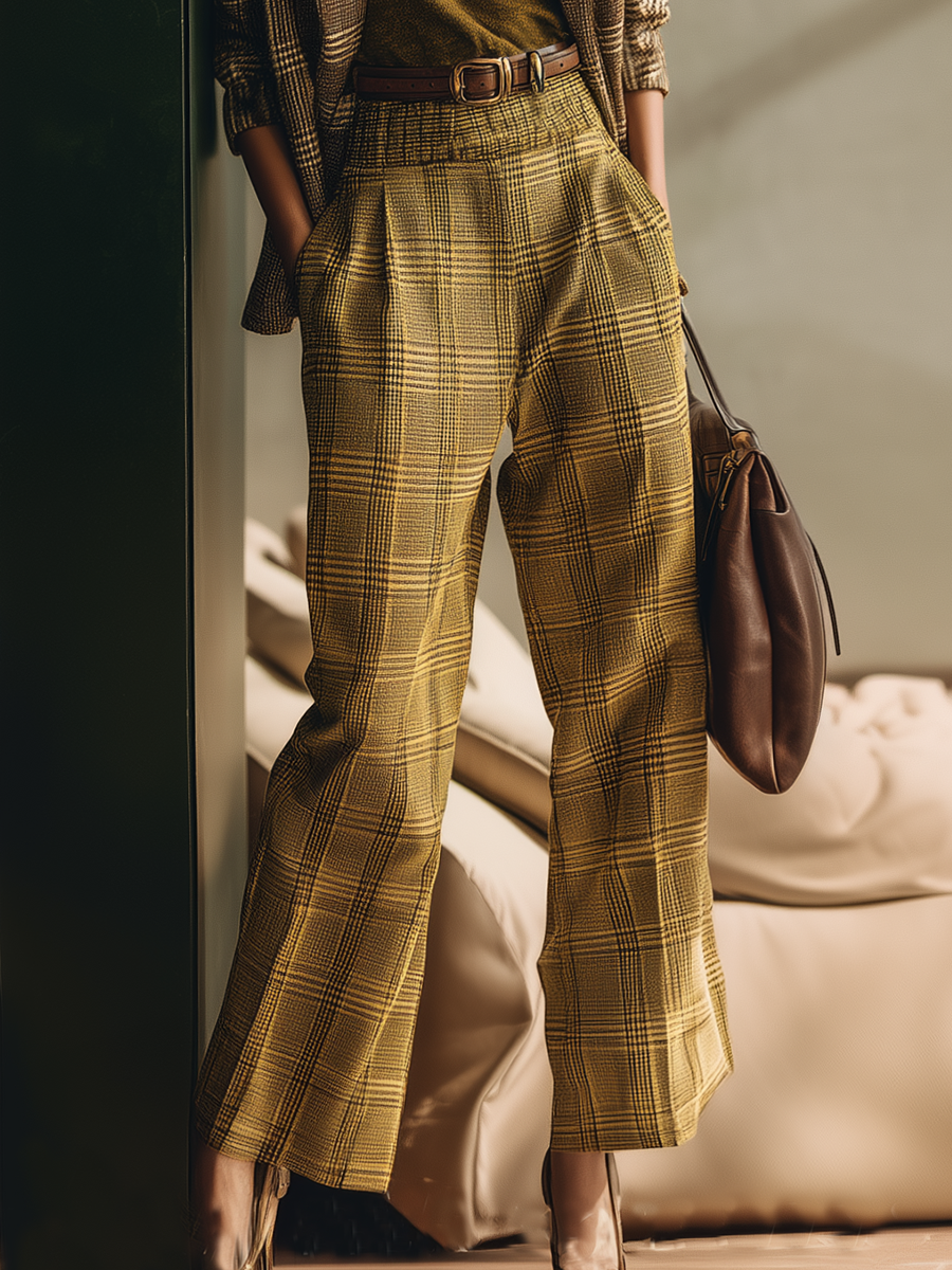 Elegant Retro Versatile Elastic Waist Yellow-brown Plaid Straight-leg Pants