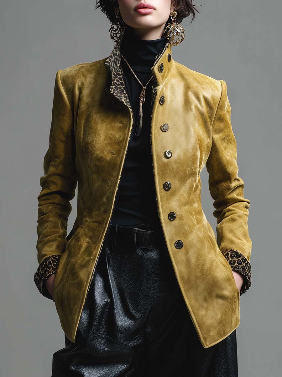 Elegant Retro Stand-up Collar Front Button Leopard Print Lining Gold Eco-friendly Suede Jacket