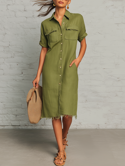 Retro-chic Loose-fitting Short-sleeved Collared Front Buttons Pockets Frayed Edges Green Linen Midi Dress