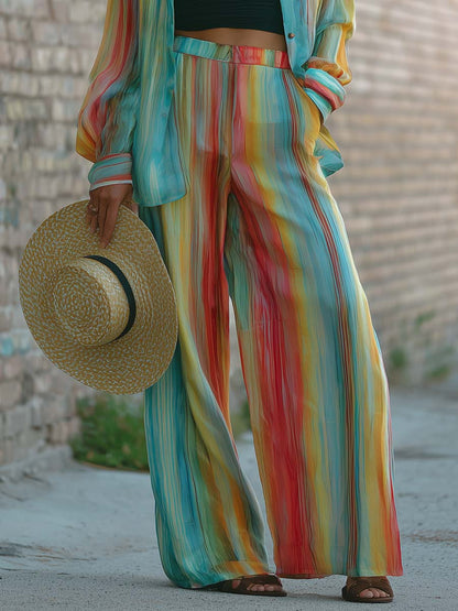 Retro Casual Loose Rainbow Striped Print Chiffon Shirt And Pants Set