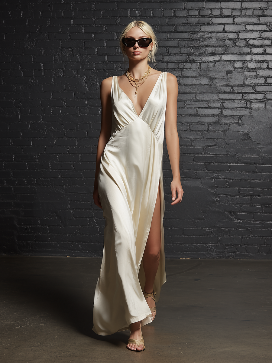 Fashionable And Classic Sleeveless V-neck Backless Side-slit White Satin Maxi Dress