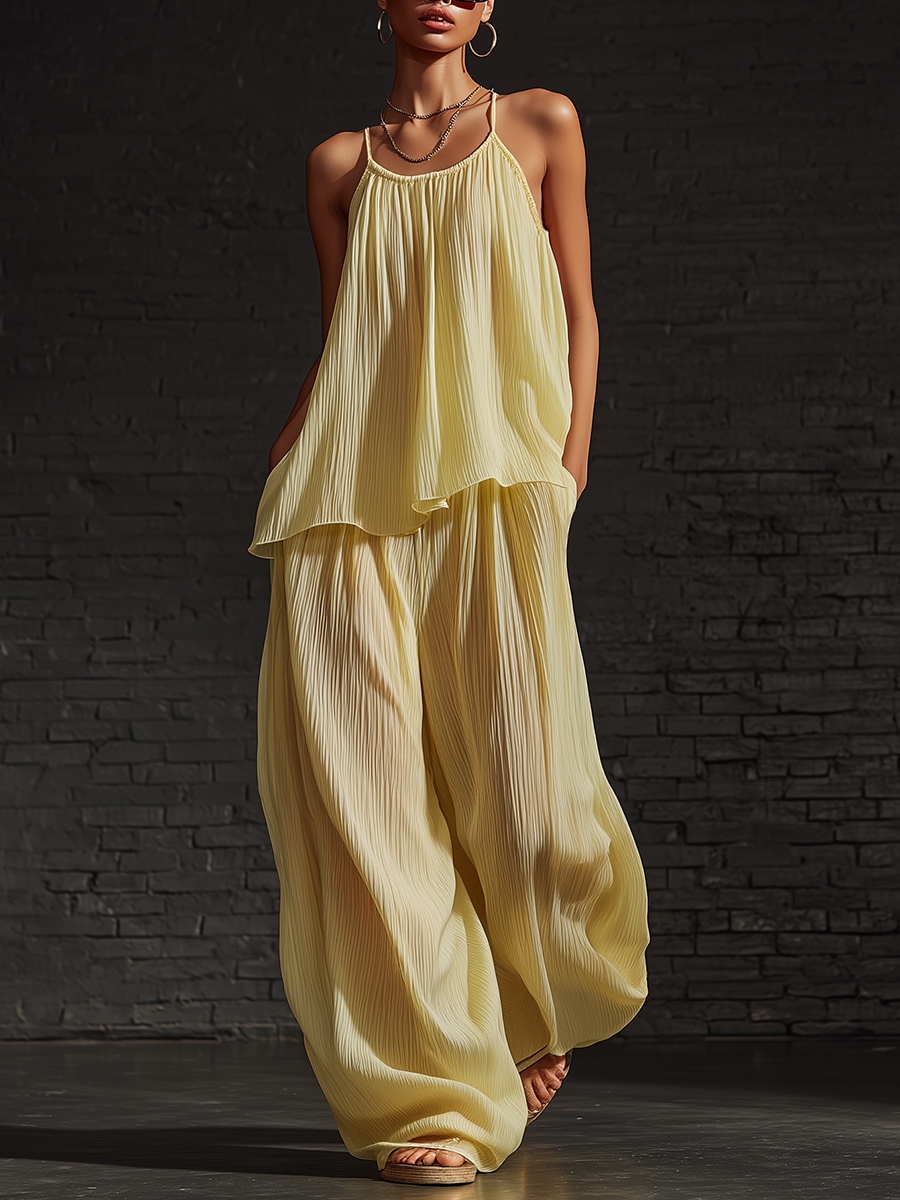 Stylish Simple Sleeveless Camisole Pleated Top And Draped Wide-leg Pants Yellow Chiffon Set