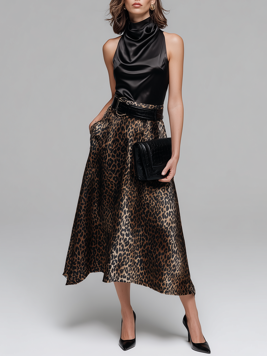 Vintage-style Sleeveless High Neck Loose Satin Black Top And Leopard Print Satin Skirt Set