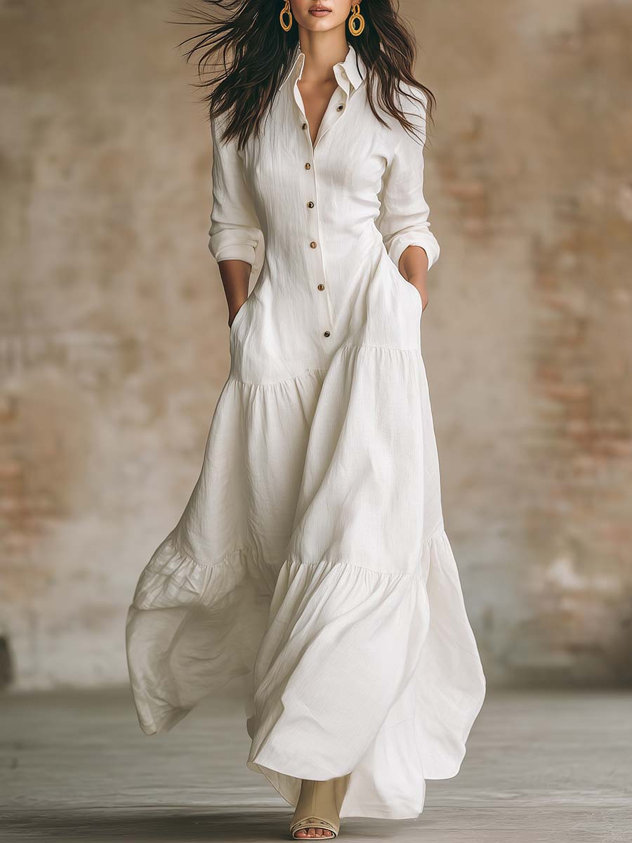 Elegant And Flowing Urban Style Collared Front-buttoned White Cotton Maxi Dress