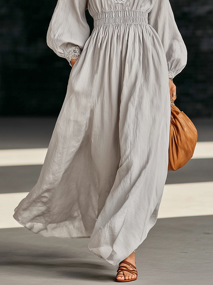 Retro Gray Cotton Linen V-neck Lace Patchwork Maxi Dress