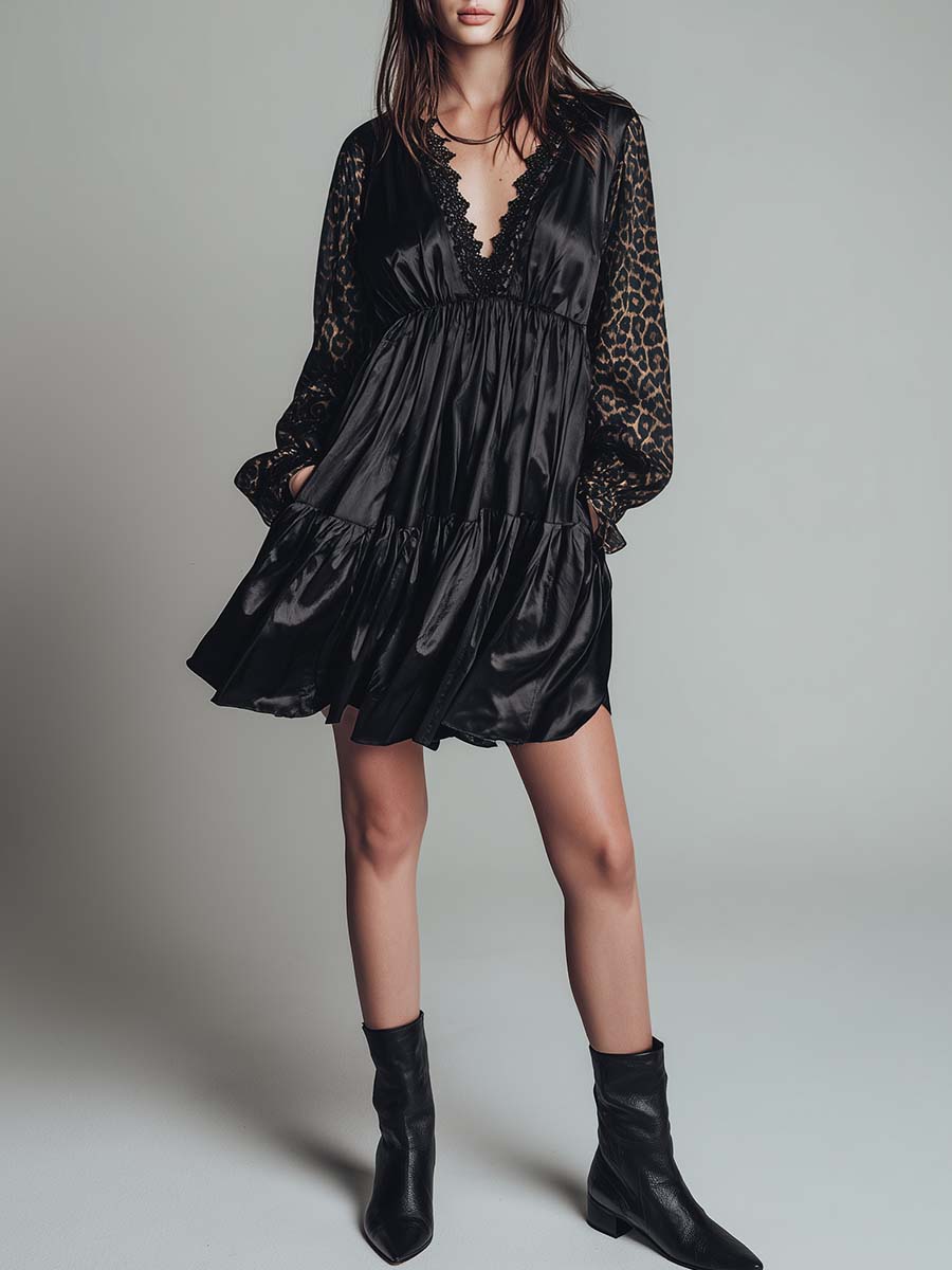 Flowy Fashion Lace V-neck Leopard Print Sleeves Black Satin Mini Dress