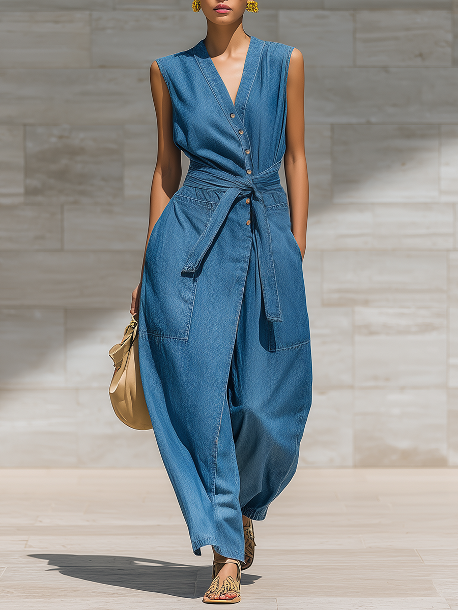 Retro-style Loose-fitting Sleeveless Irregular Front Button Closure Waist Tie Pockets Denim Blue Jumpsuit