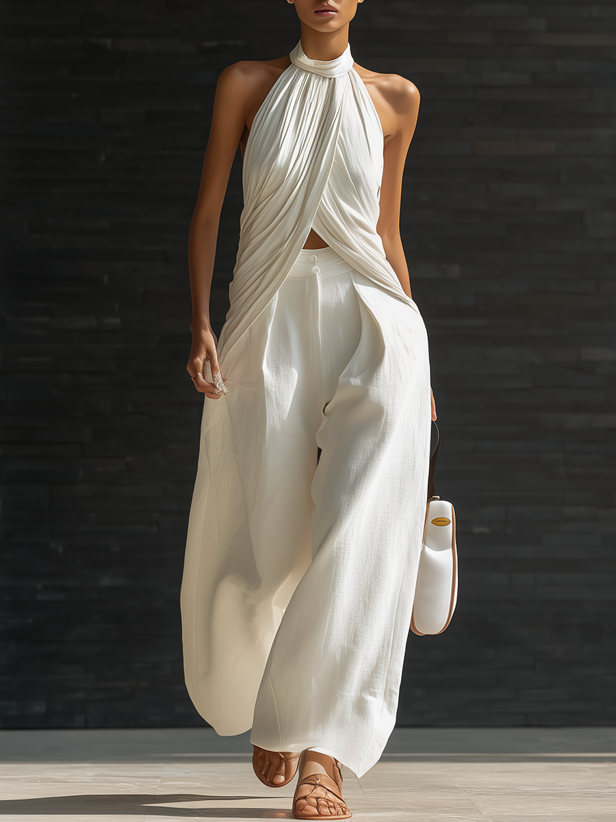 Stylish Simple Sleeveless Halter Neck Irregular Pleated Top And Wide-leg Trousers White Cotton Set