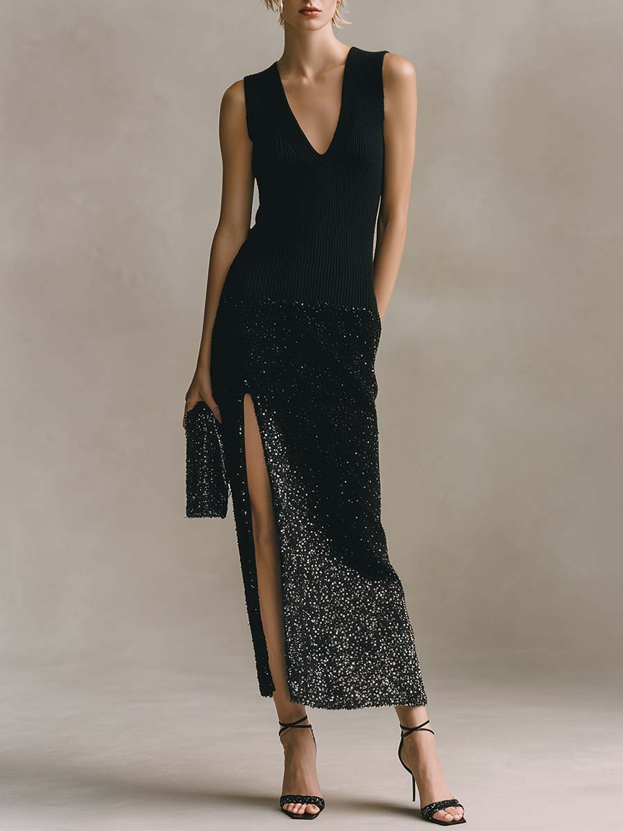 Elegant Party V-neck Sleeveless Black Knit And Sequin Patchwork Slit Midi Dress