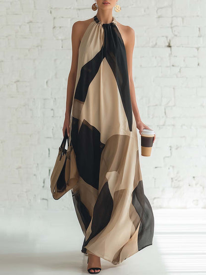 Vintage Elegant Flowing Halter-neck Black And Beige Contrasting Print Chiffon Maxi Dress