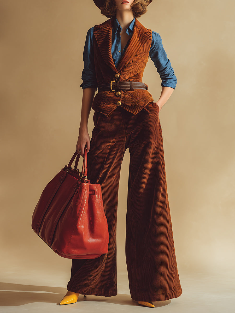 Retro Fashion Belt Vest Wide-Leg Pants Reddish Brown Corduroy Set