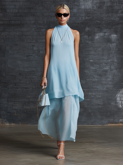 Stylish Simple Loose-fitting Sleeveless Stand-neck Double-layered Pleated Blue Chiffon Maxi Dress