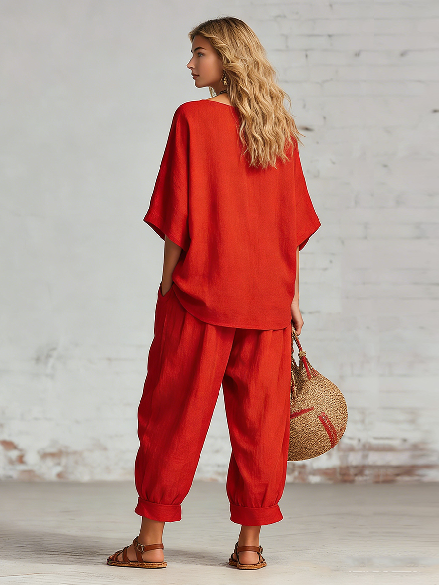 Casual Red Cotton And Linen Batwing Sleeve Top And Wide Leg Pants Set