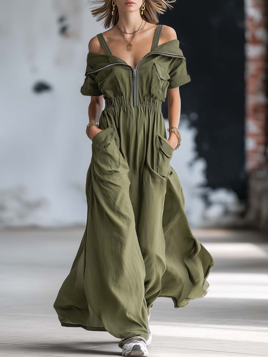 Fashionable Workwear Style Halter Off-shoulder Front Zipper Olive Green Cotton Maxi Dress