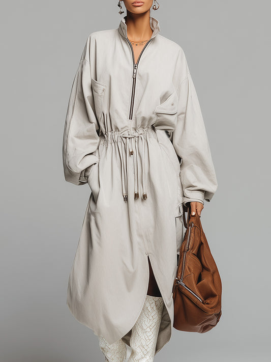 Exquisite Casual Stand-up Collar Front Zipper Waist Drawstring White Cotton Trench Coat Slit Maxi Dress