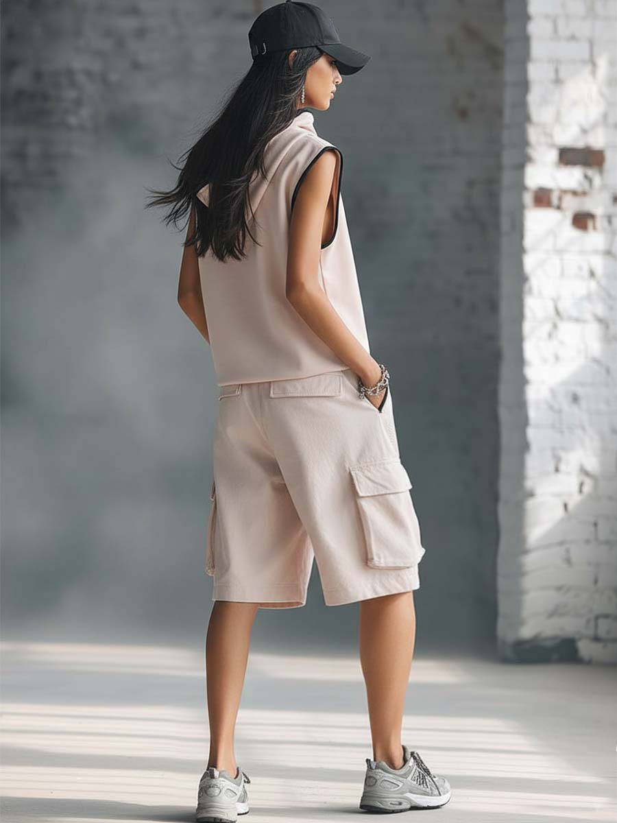 Retro Athletic Workwear Styl Black Trim Light Pink Cotton Sleeveless Turtleneck Top And Shorts Set