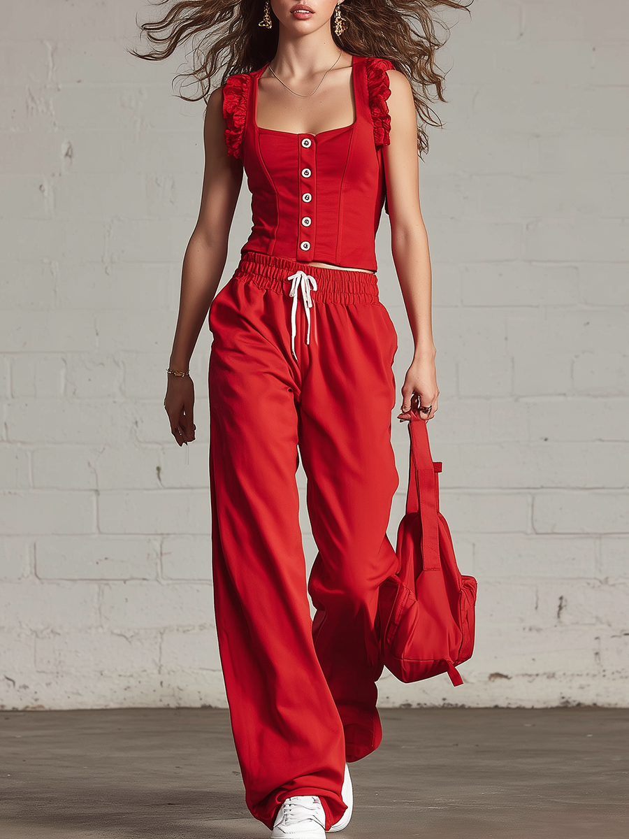 Sporty Style Red Knitted Square Neck Button Down Camisole And Wide Leg Pants Set