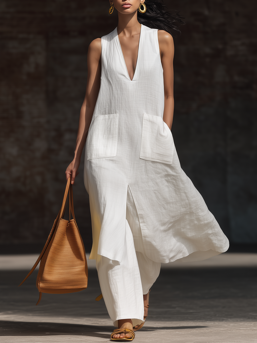 Stylish Simple Sleeveless V-neck Pockets Front Slits Long Top And Wide-leg Pants White Cotton Set