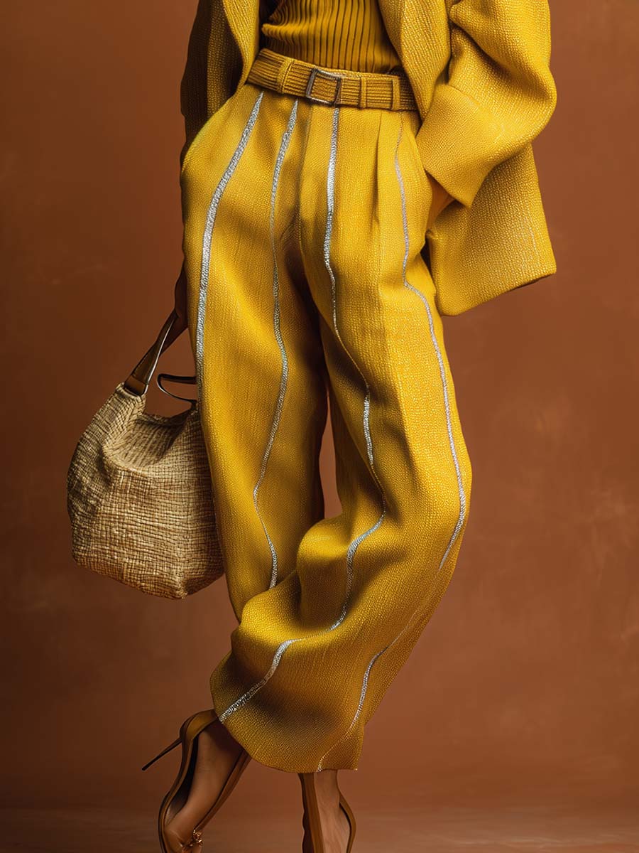 Exquisite Fashion Rhinestone Ribbon Embellished Yellow Pants