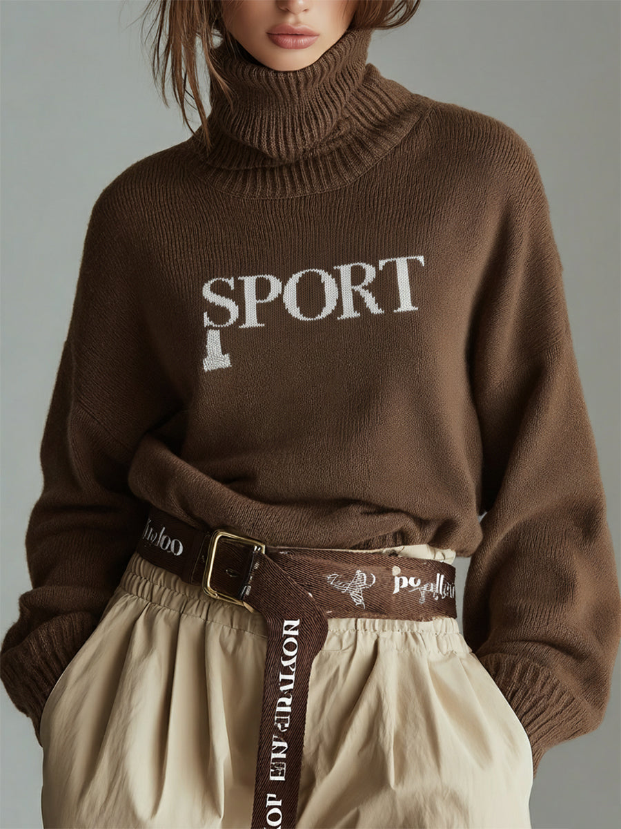 Simple Loose Turtleneck Letter Brown Sweater