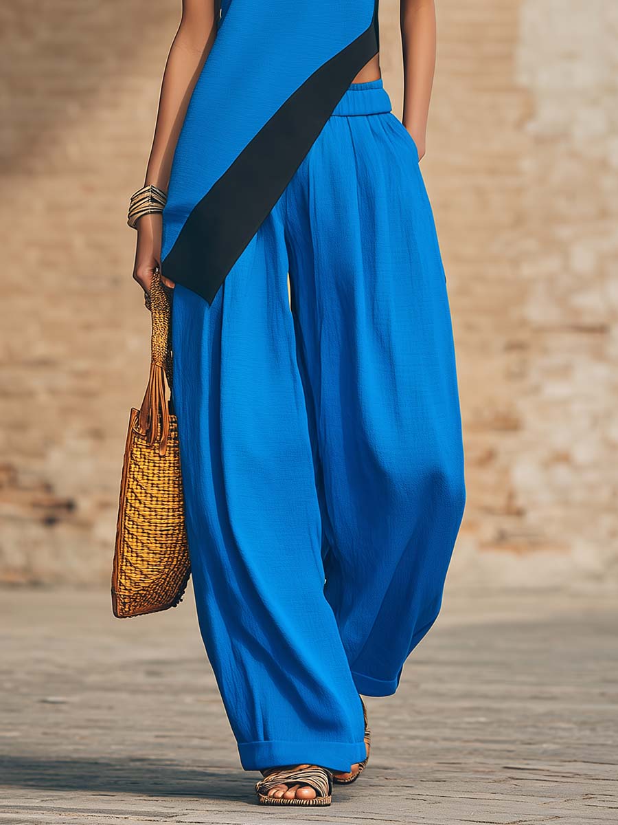 Temperament Casual Urban Black Trim Royal Blue One-shoulder Asymmetrical Top And Pants Set
