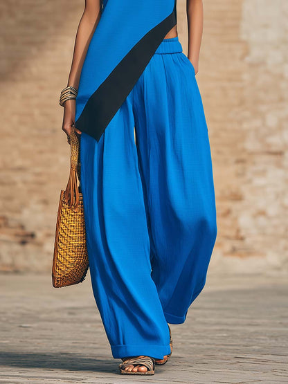 Temperament Casual Urban Black Trim Royal Blue One-shoulder Asymmetrical Top And Pants Set