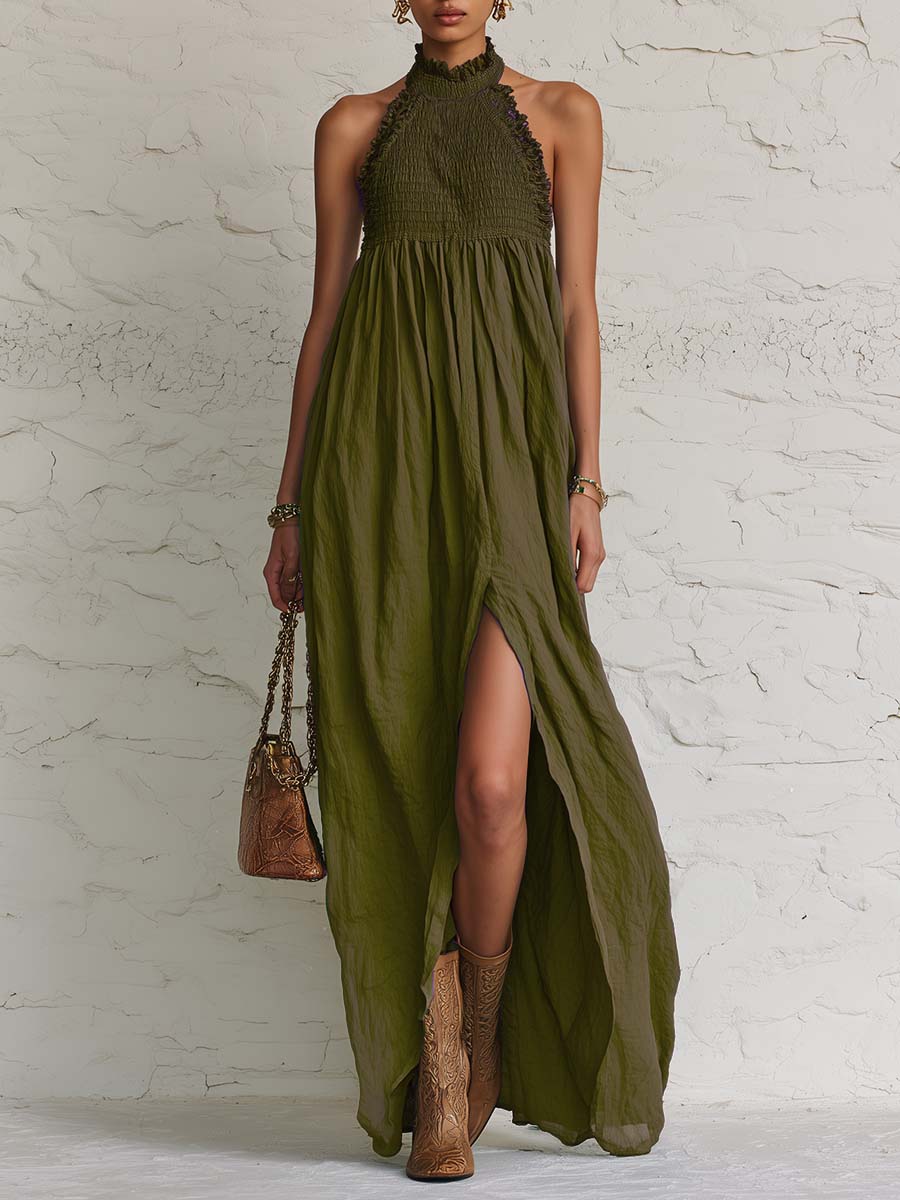 Vacation Fashion Halter-neck Grass-green Cotton Slit Maxi Dress