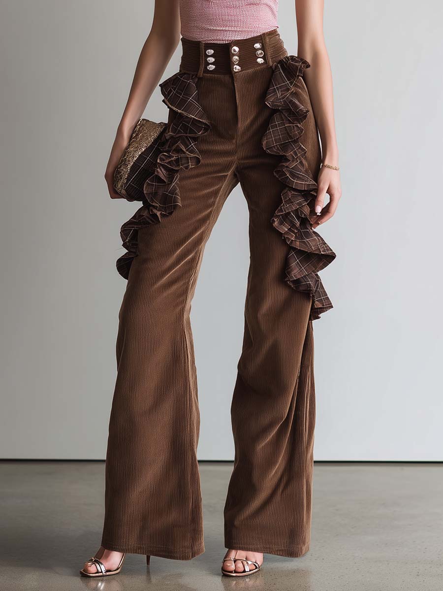 Retro Personality Versatile Checkered Ruffle Decoration Brown Corduroy Pants