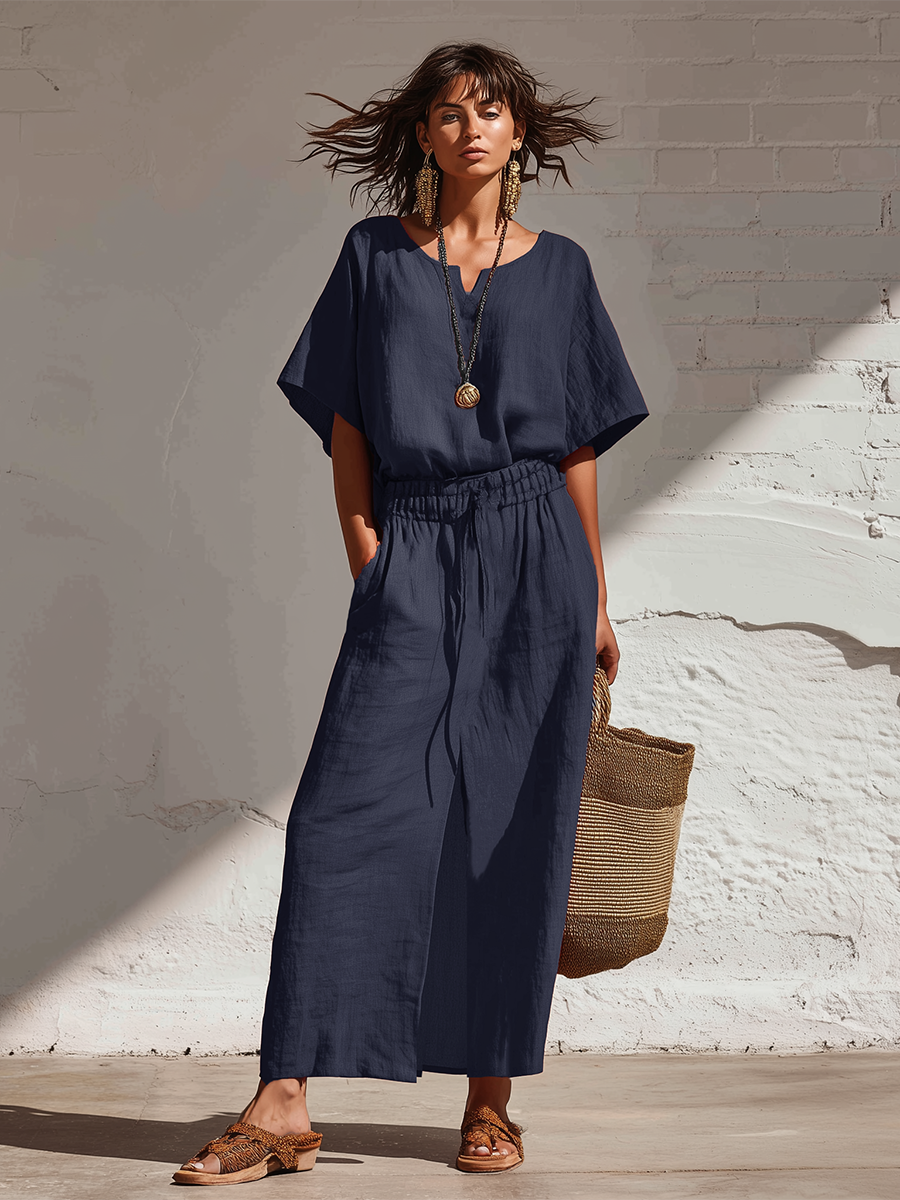 Bohemian Style Blue Cotton And Linen Batwing Sleeve Top And Slit Skirt Set