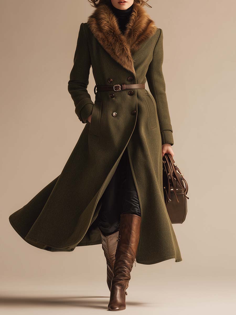 Retro Fashion Green Fur Collar Button Coat