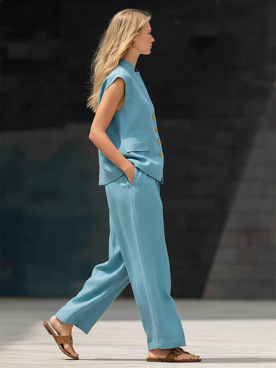 Casual Blue Cotton Linen Sleeveless Top And Wide Leg Pants Set