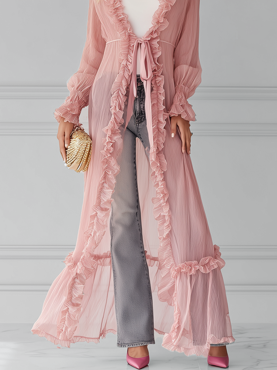 Urban Casual Pink Chiffon Ruffled Tie front Long Cardigan