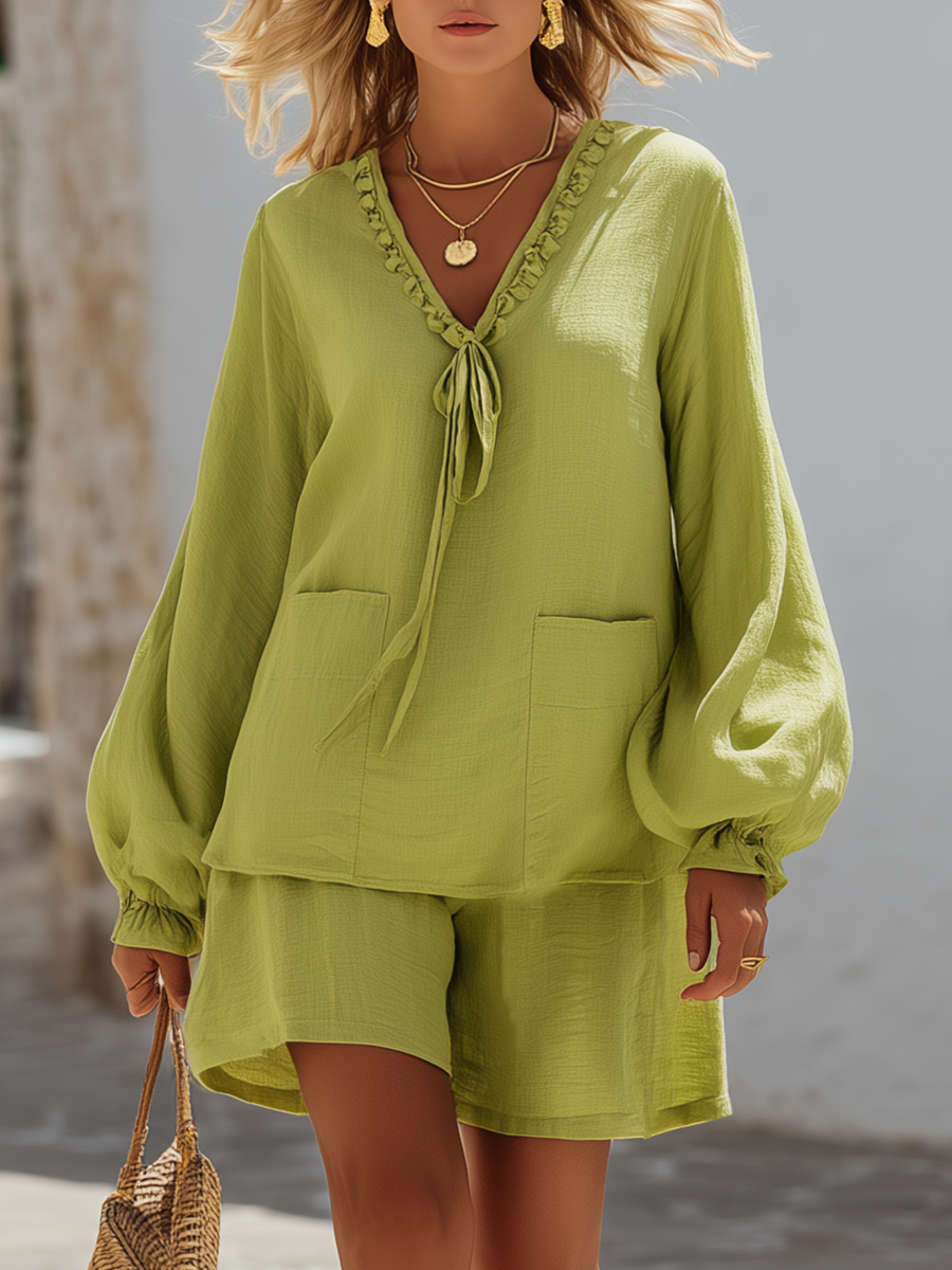 Casual Lime Green Cotton Linen V-Neck Top And Wide Leg Shorts Set