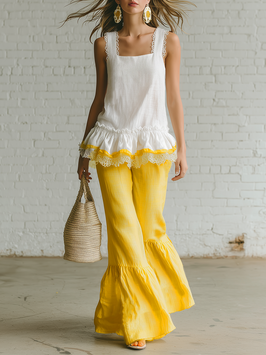 Vacation Style White Faux Linen Ruffled Top And Yellow Flared Pants Set