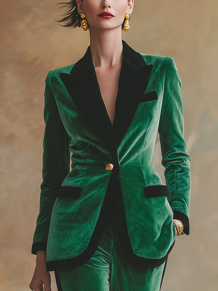 Retro-chic Classic Green Velvet And Black Patchwork Lapel Suit Jacket