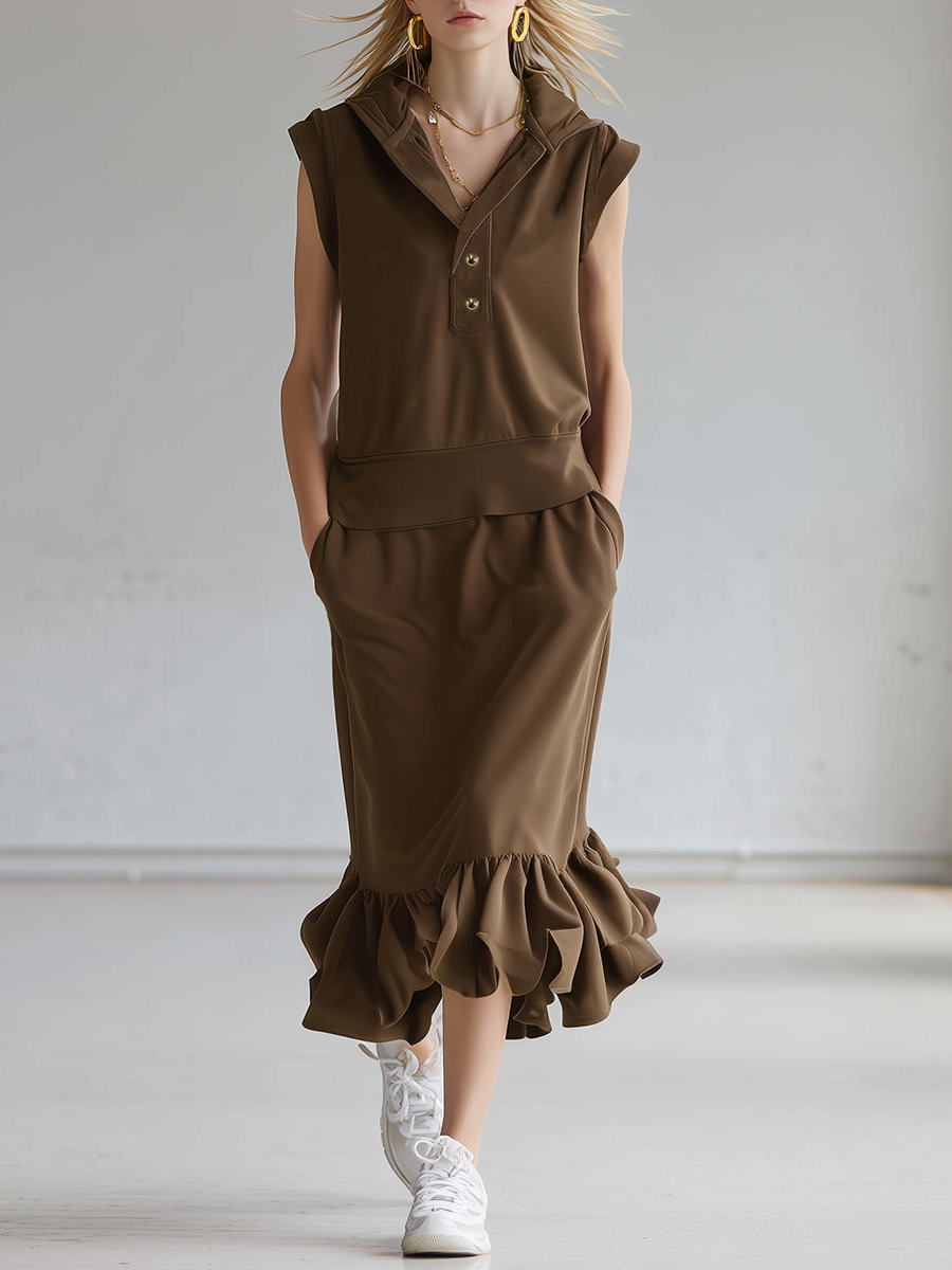 Sporty Style Brown Knitted Short Sleeved Top And Ruffled Skirt Set