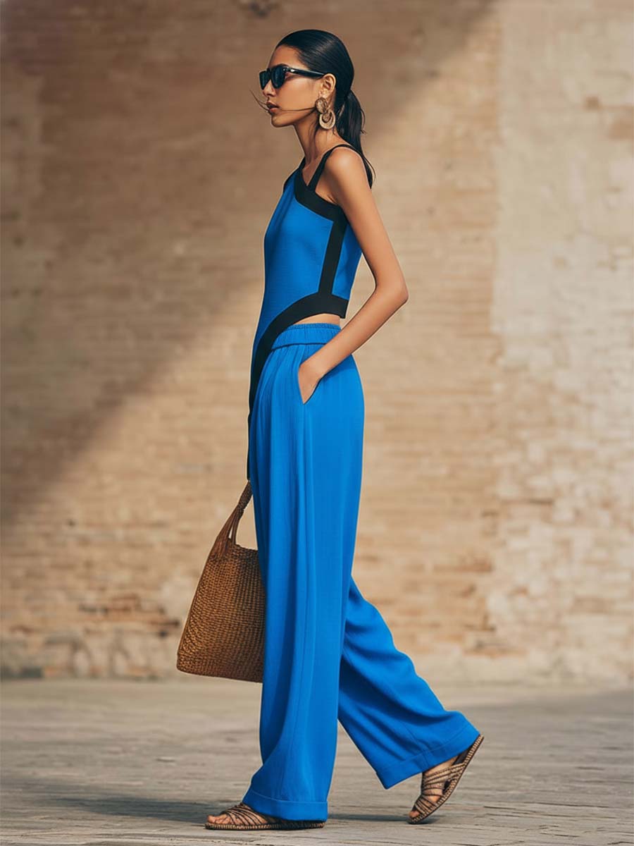 Temperament Casual Urban Black Trim Royal Blue One-shoulder Asymmetrical Top And Pants Set